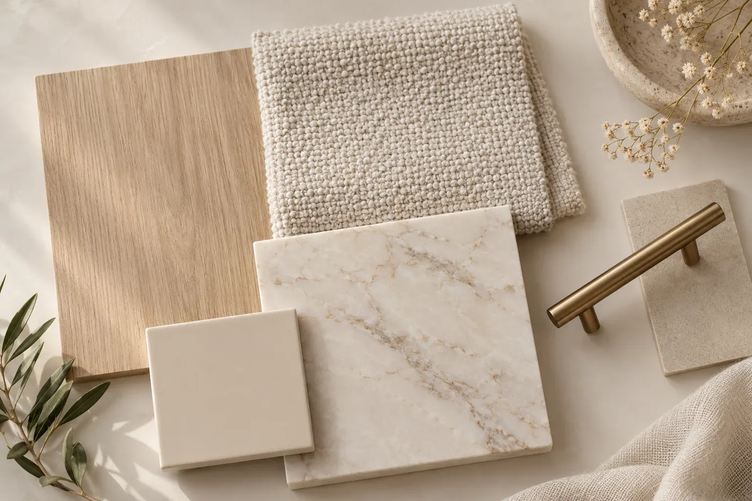 Pearl & Champagne moodboard showing coordinated timber, fabric, stone and finish samples