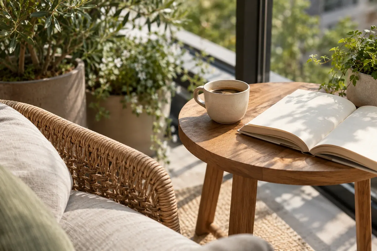 A book and coffee beside a woven chair in a quiet balcony corner