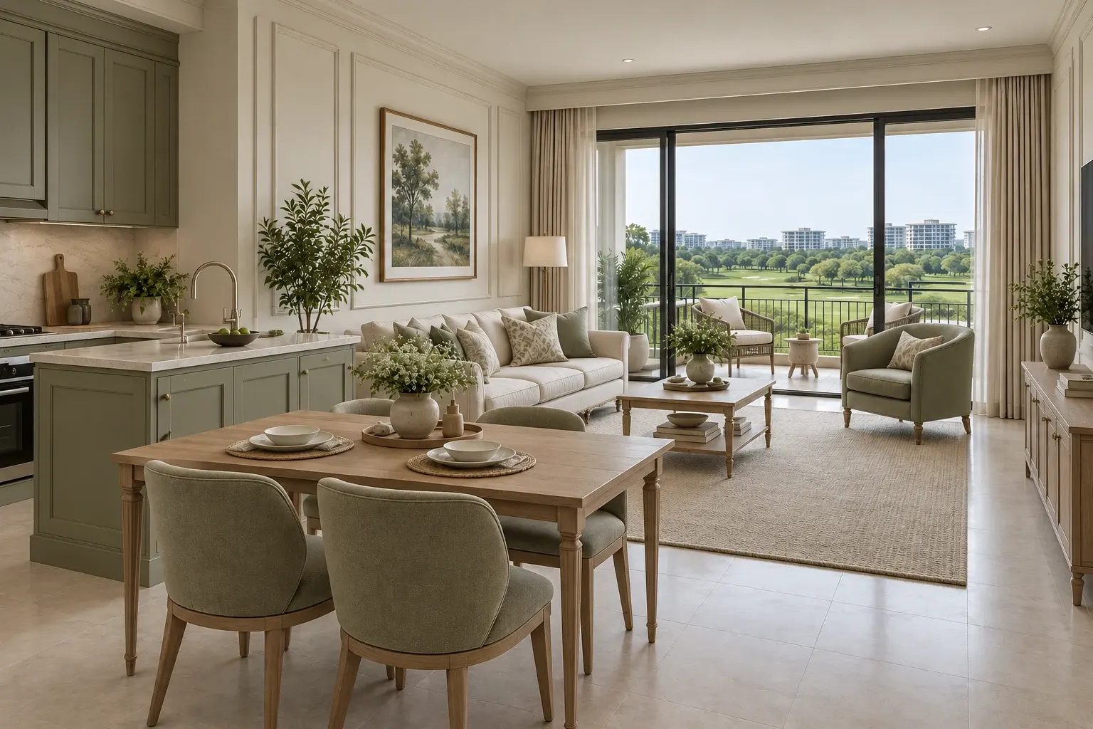 Olive & Ivory palette illustrated across a Modern Classic living, dining and kitchen interior