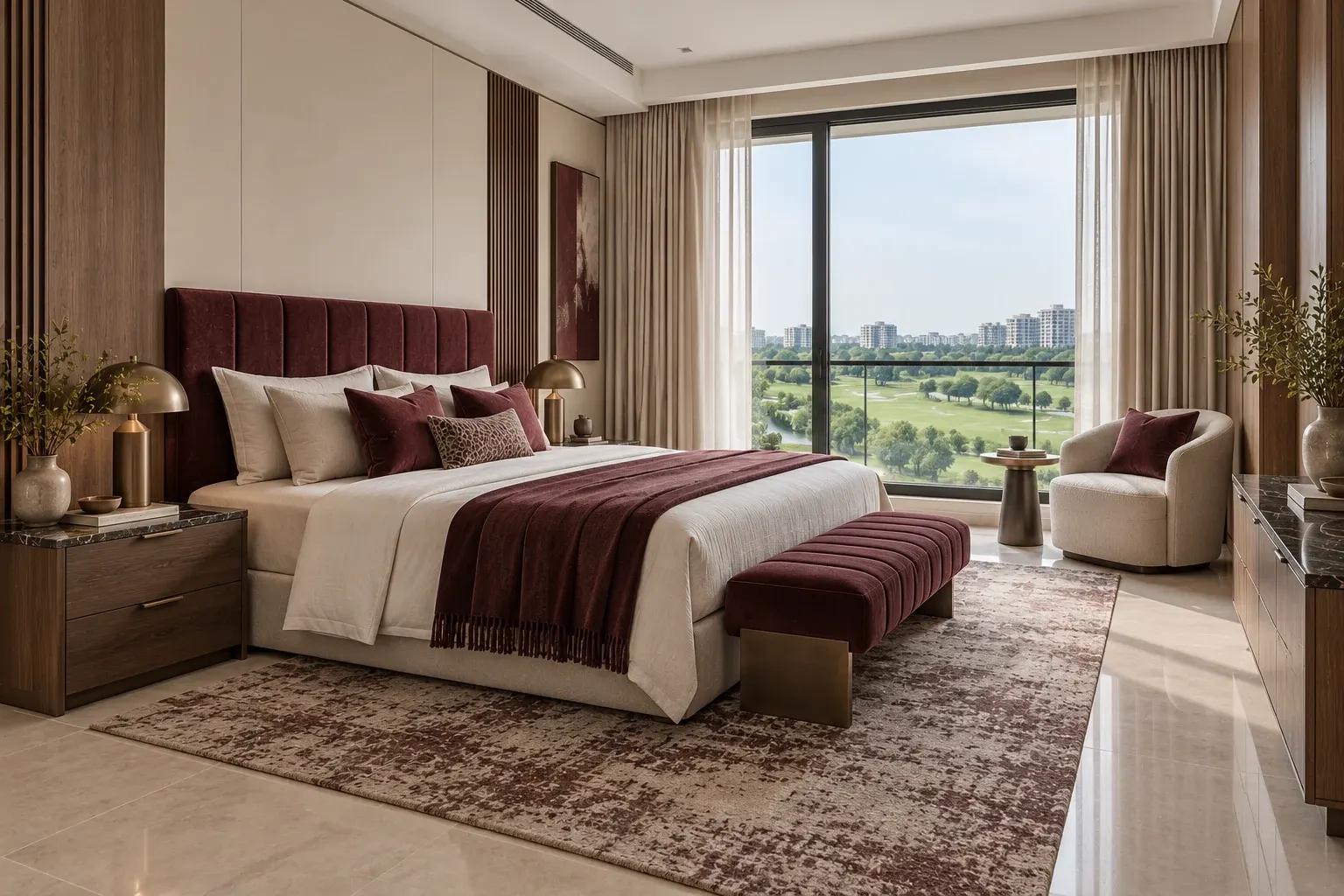 Modern Luxury bedroom in the Burgundy & Onyx palette, coordinated with the main living-space view