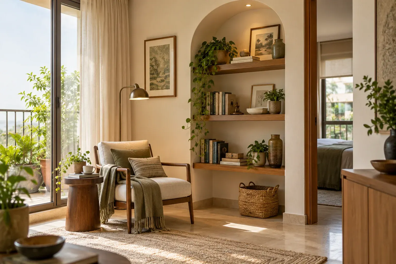 A compact reading corner beside an arched display niche with oak shelves