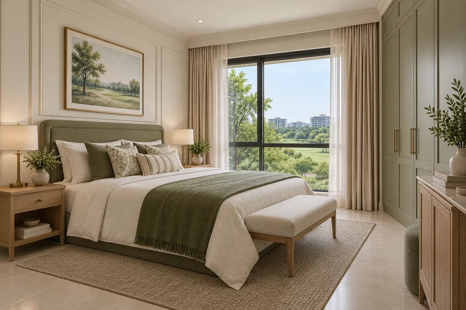 Modern Classic bedroom in the Olive & Ivory palette, coordinated with the main living-space view