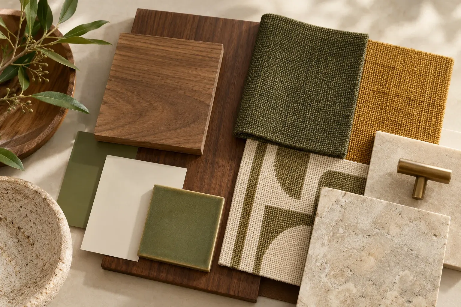 Olive & Mustard moodboard showing coordinated timber, fabric, stone and finish samples