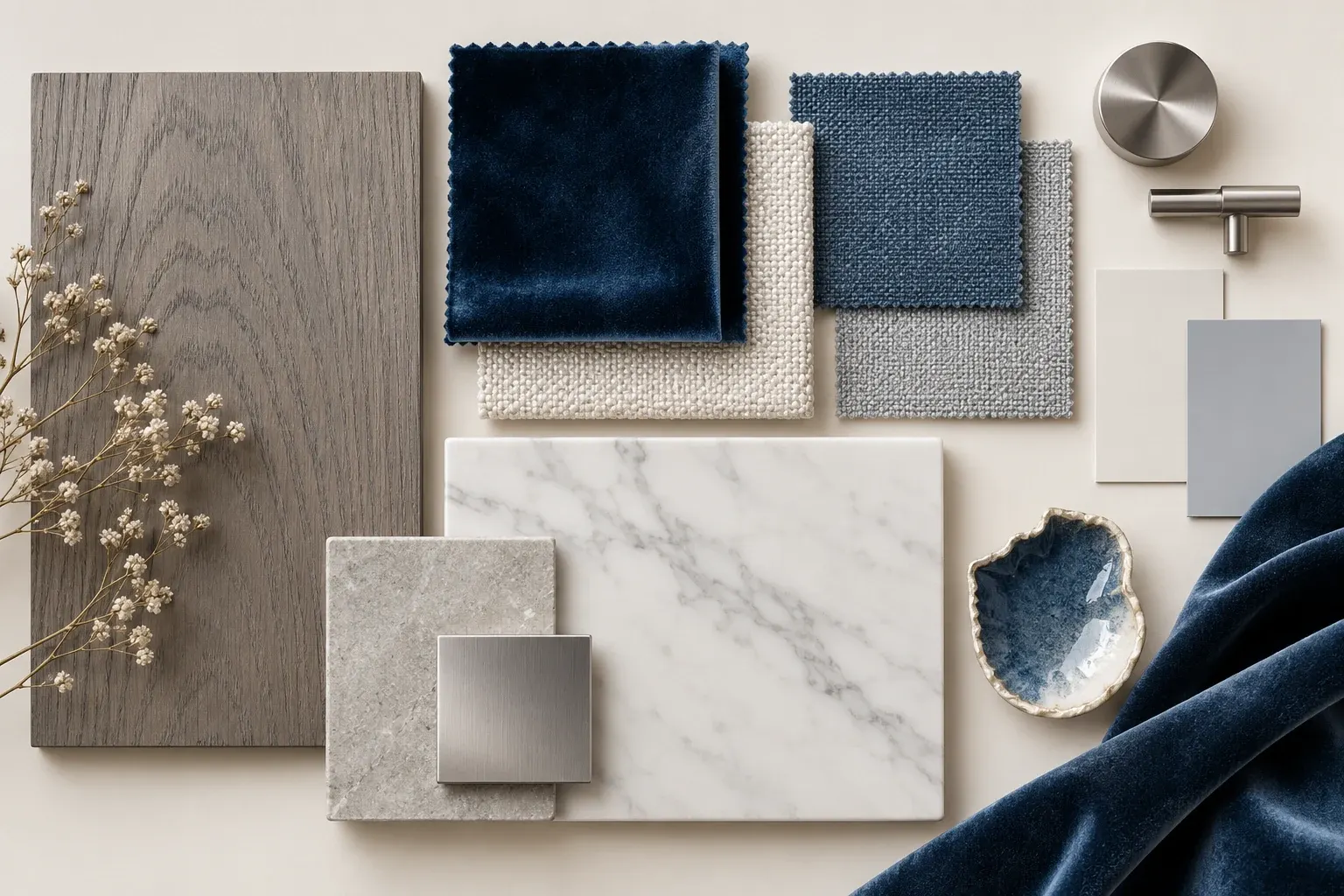 Sapphire & Silver moodboard showing coordinated timber, fabric, stone and finish samples