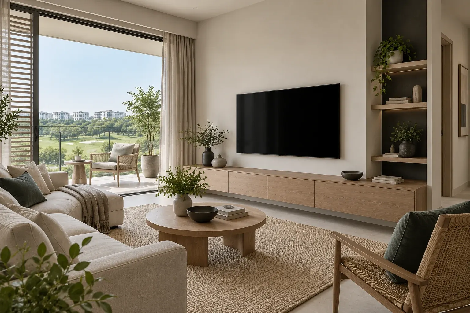 Japandi living-room TV wall in the Chalk & Charcoal palette, coordinated with the main living-space view