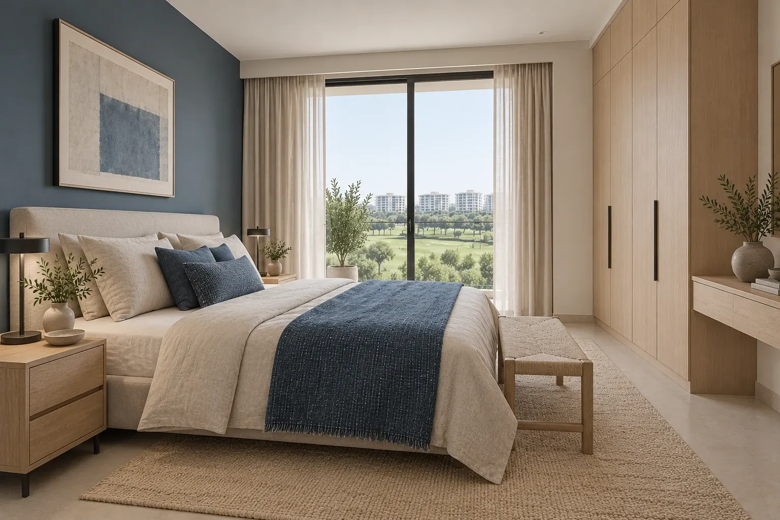 Japandi bedroom in the Indigo & Flax palette, coordinated with the main living-space view