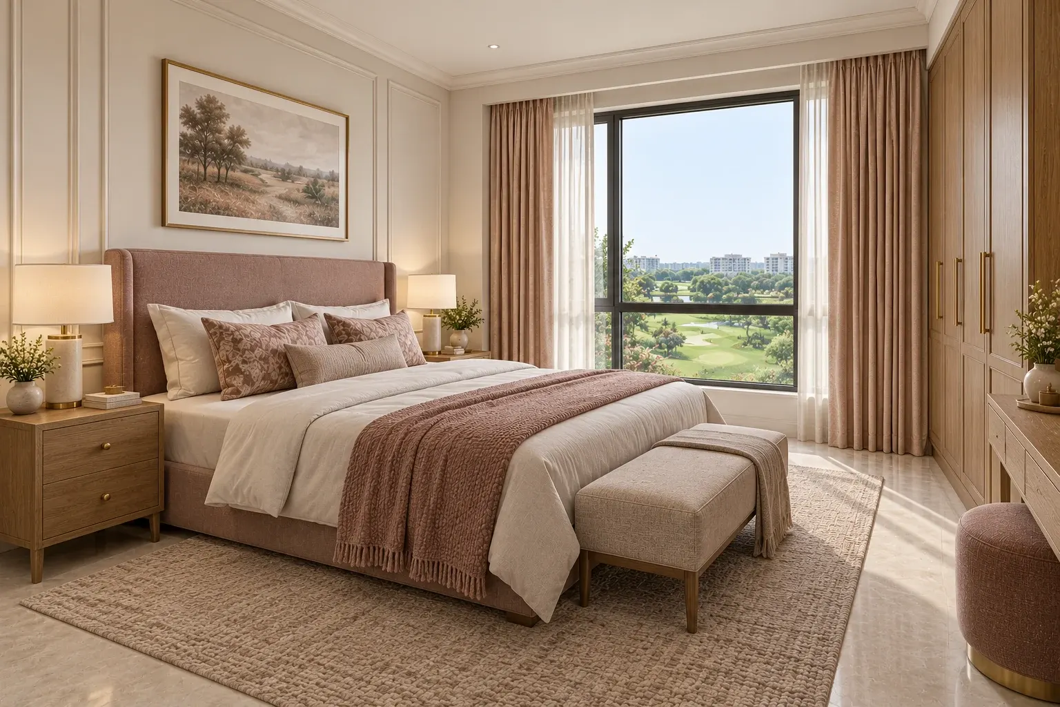 Modern Classic bedroom in the Taupe & Rose palette, coordinated with the main living-space view