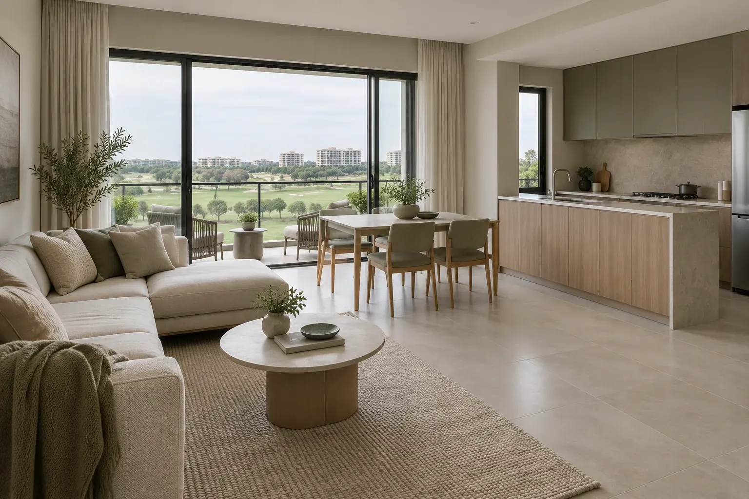Warm Neutrals palette illustrated across a Modern Contemporary living, dining and kitchen interior