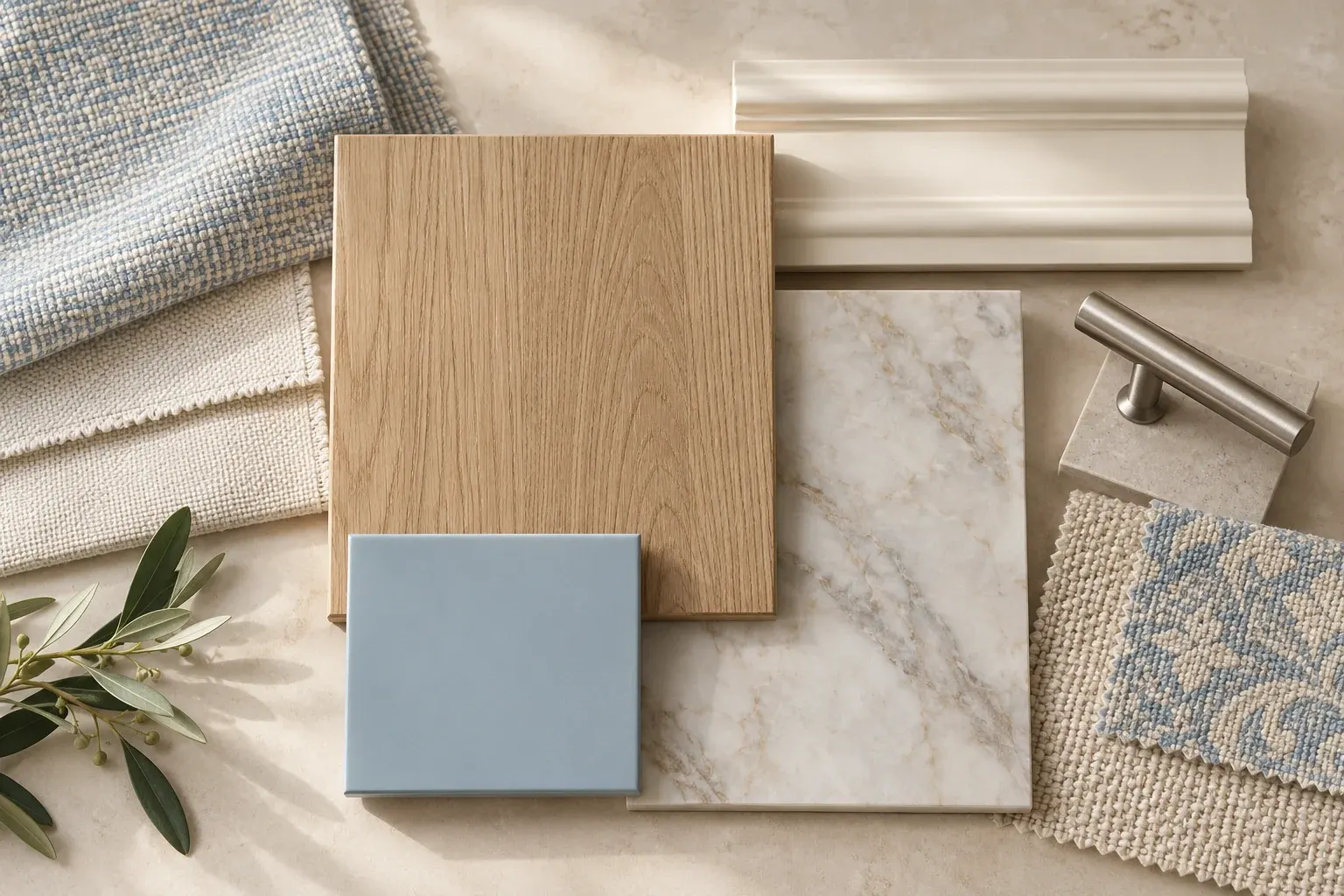 Cream & Powder Blue moodboard showing coordinated timber, fabric, stone and finish samples