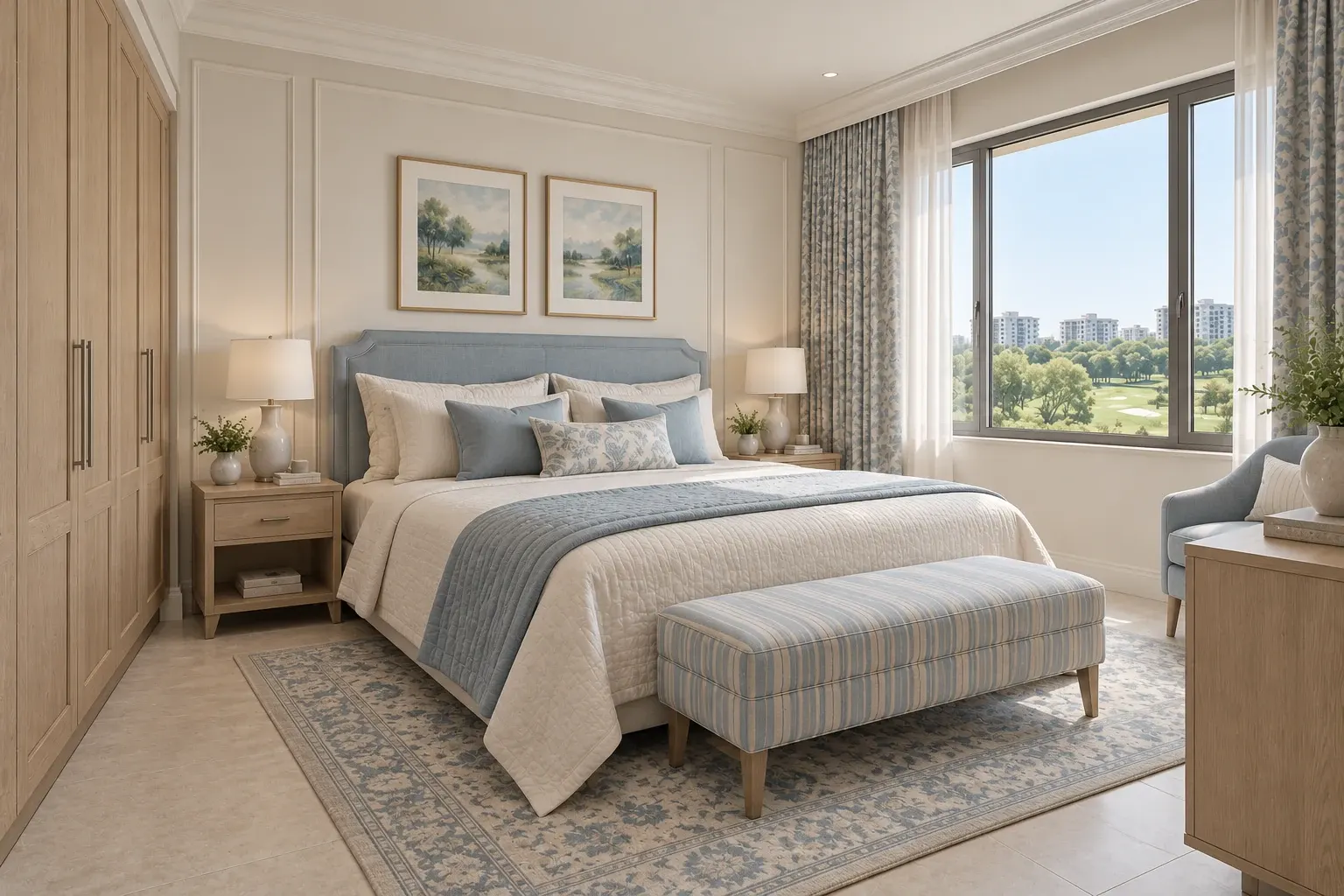 Modern Classic bedroom in the Cream & Powder Blue palette, coordinated with the main living-space view
