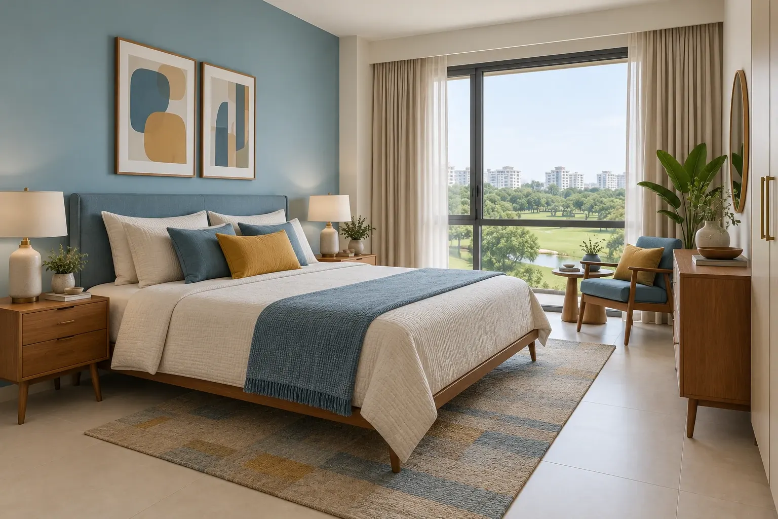 Mid-Century Modern bedroom in the Blue & Honey palette, coordinated with the main living-space view