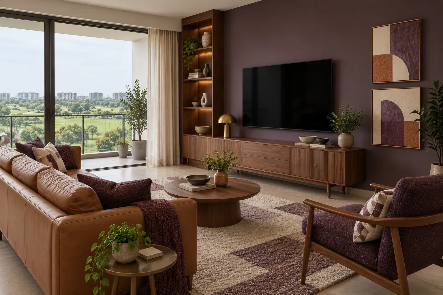 Mid-Century Modern living-room TV wall in the Aubergine & Cognac palette, coordinated with the main living-space view