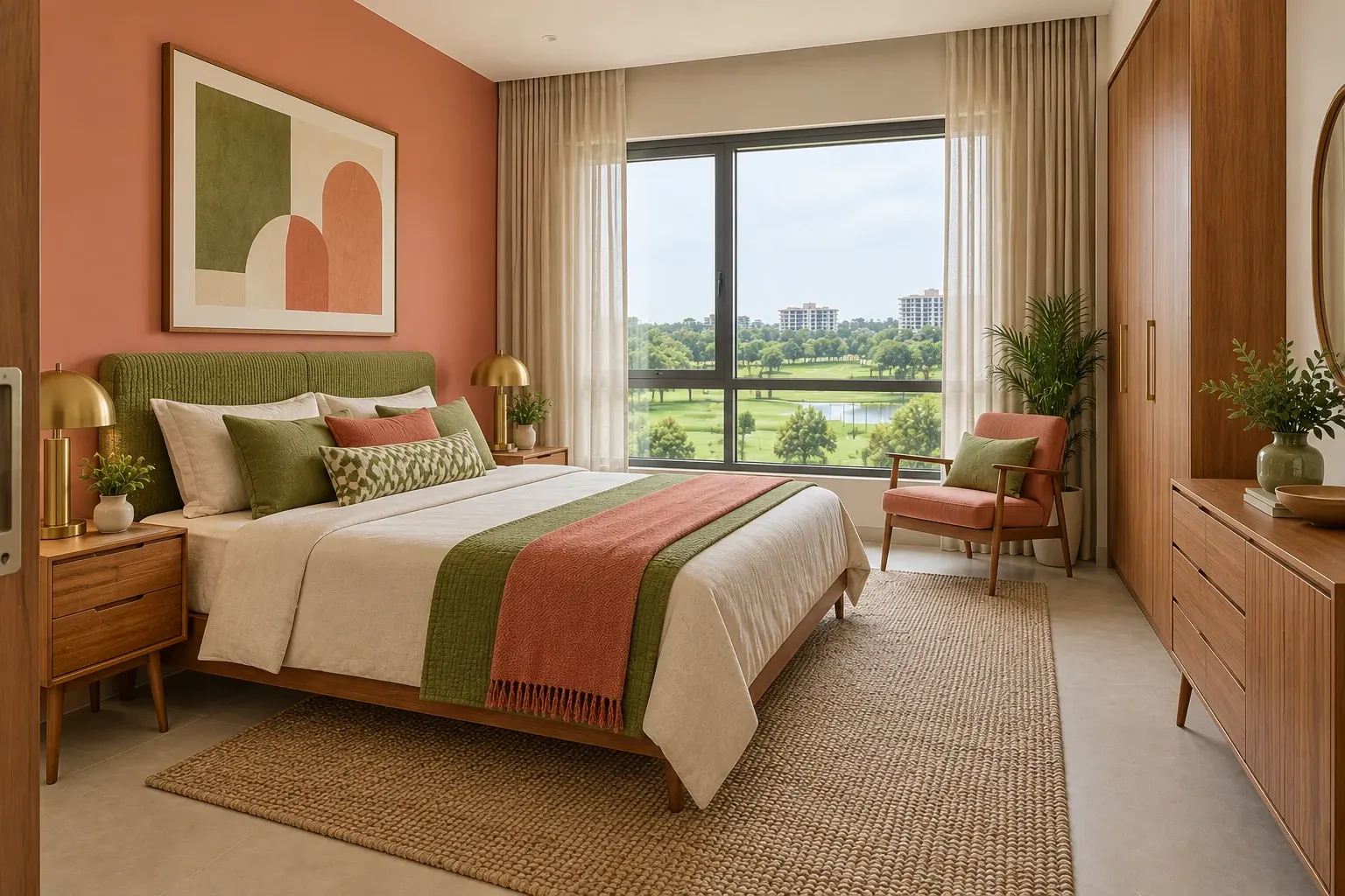Mid-Century Modern bedroom in the Avocado & Coral palette, coordinated with the main living-space view