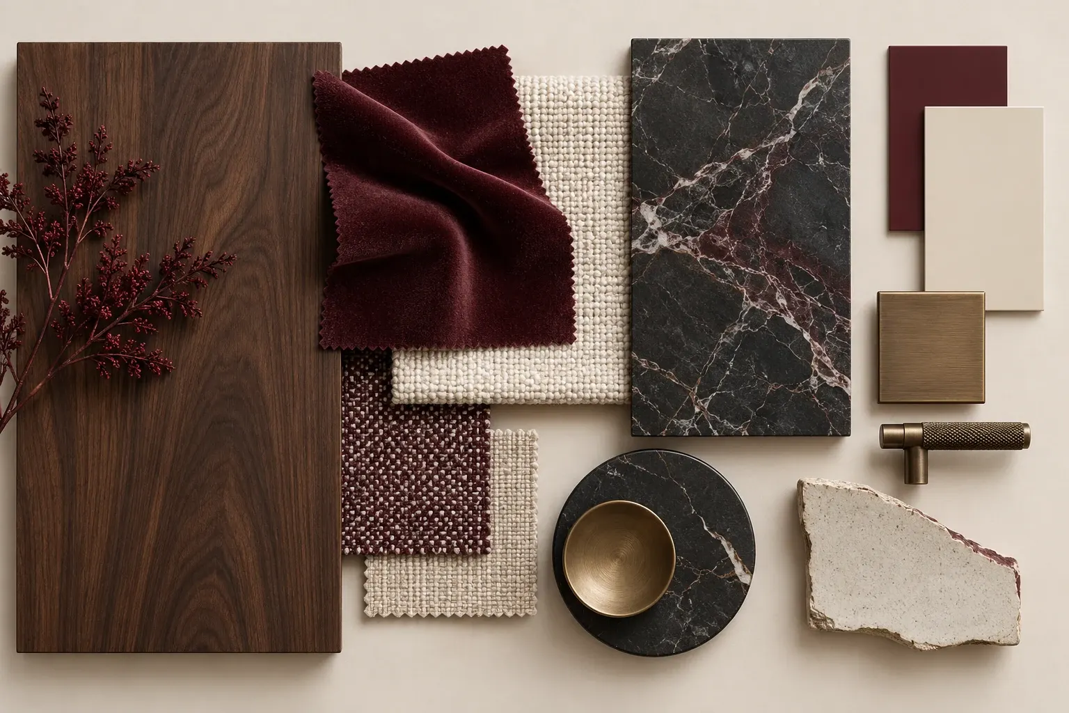 Burgundy & Onyx moodboard showing coordinated timber, fabric, stone and finish samples