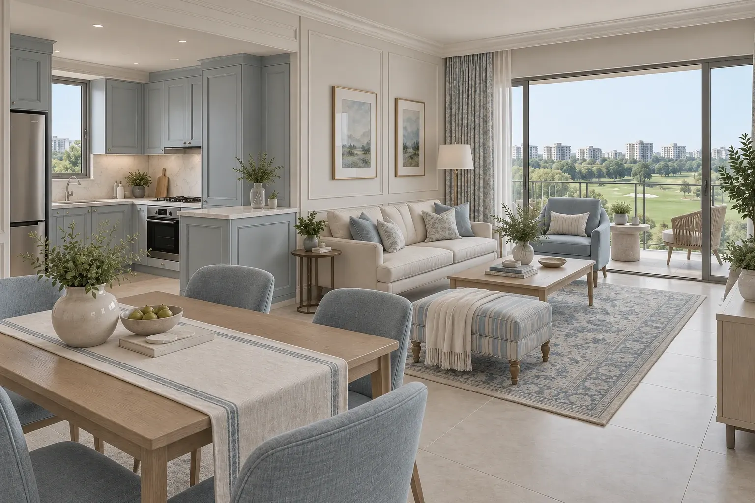 Cream & Powder Blue palette illustrated across a Modern Classic living, dining and kitchen interior